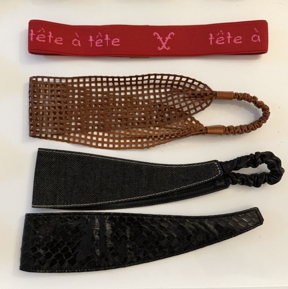 Four Frederic Fekkai Headbands in Leather, Denim, Lizard & Pink Elastic
